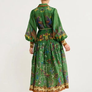 Birds Flower Printed Long Dress Women Belts Single Breasted Big Swing Holiday Long Lantern Sleeve Dresses Summer A-line Robe image 7