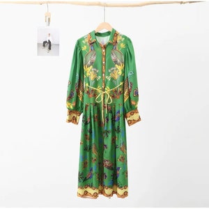 Birds Flower Printed Long Dress Women Belts Single Breasted Big Swing Holiday Long Lantern Sleeve Dresses Summer A-line Robe image 9