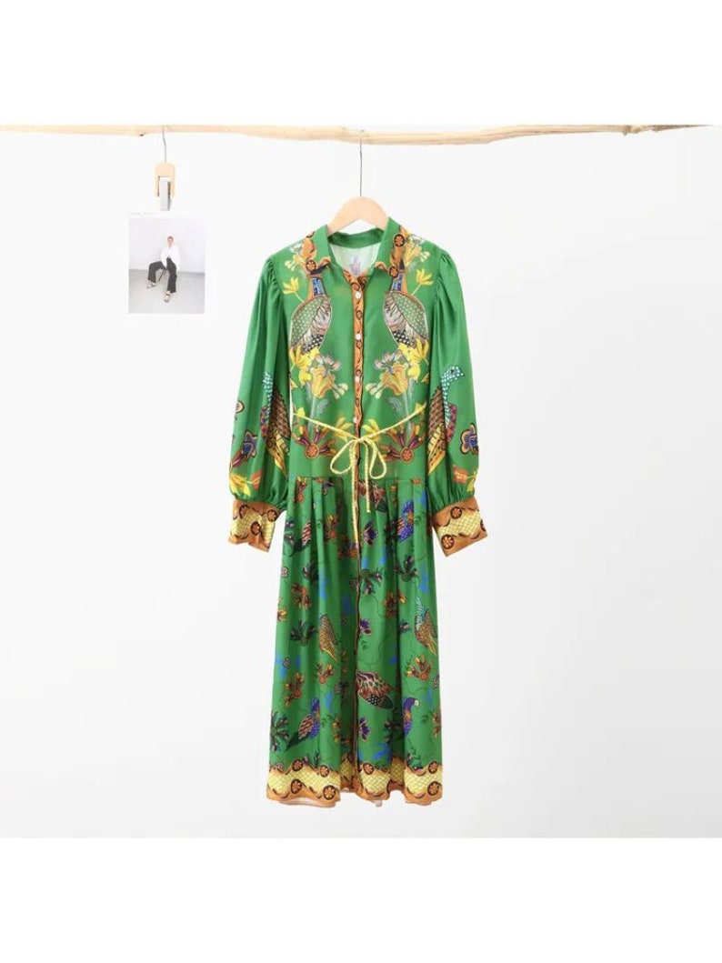 Birds Flower Printed Long Dress Women Belts Single Breasted Big Swing Holiday Long Lantern Sleeve Dresses Summer A-line Robe image 9