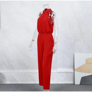 Eleganter, einfarbiger Jumpsuit für Damen mit hoher Taille und weitem Bein, schicker, hängender Hals, ärmellos, schmales Set, Sommer-Ferienmode-Outfit für Damen Bild 7