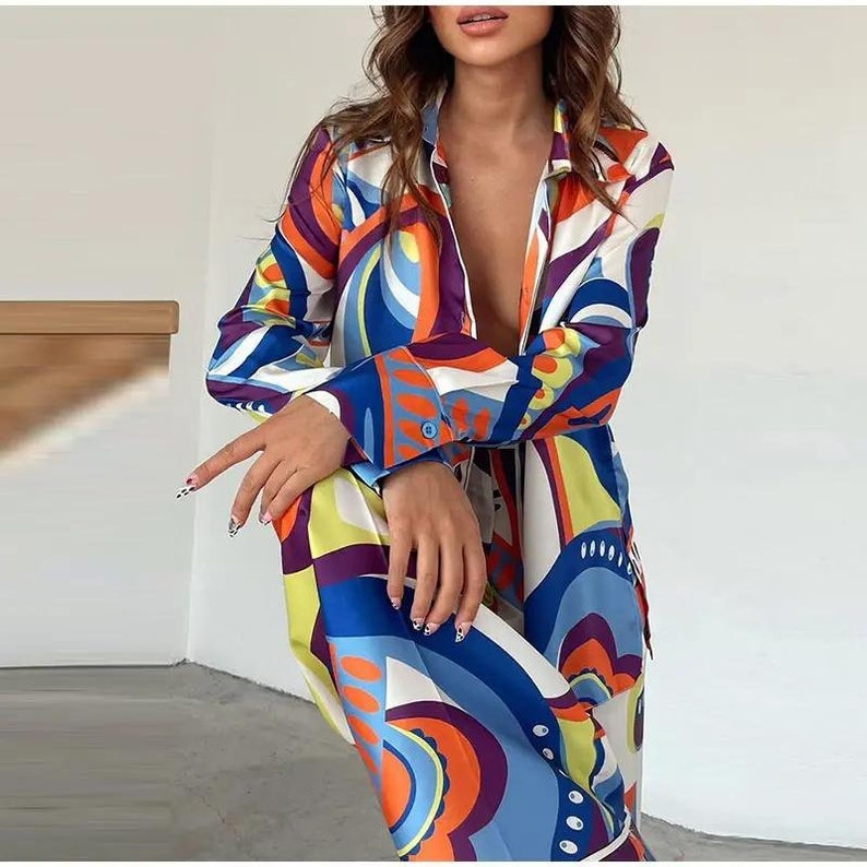 Fashion Printed Long Sleeve Shirt 2 Piece Set Women Loose Turndown Collar Tops Suits Female Casual Straight Pants Outfis image 3