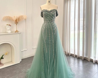 Elegant Off Shoulder Sage Green Overskirt Evening Dresses Luxury Dubai Women Wedding Formal Party Gowns