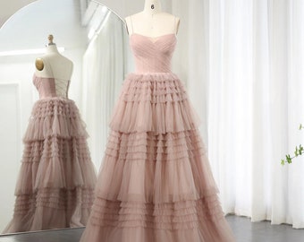 Elegant Pink Tiered Puffy Evening Dresses Sexy Spaghetti Straps Lace-up Long Women Wedding Party Gowns