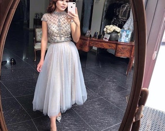 Arabic Gray Lace Short Evening Dresses Luxury Dubai Vintage Tea Length Formal Dress for Women Wedding Party