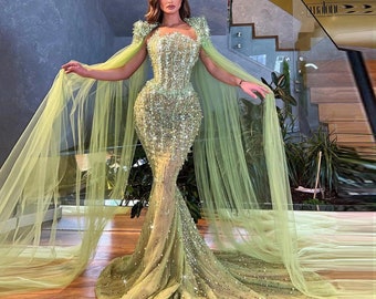 Luxury Beaded Mermaid Lime Green Evening Dress with Cape Sleeves Elegant Arabic Women Wedding Party Prom Dress