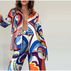 Fashion Printed Long Sleeve Shirt 2 Piece Set Women Loose Turndown Collar Tops Suits Female Casual Straight Pants Outfis image 2