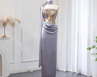 Elegant Strapless Gray Satin Evening Dress with Scarf Luxury Arab Crystal Formal Dress for Women Wedding Party