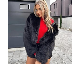 Elegant Black Fake Fur Short Coat For Women Fashion V Neck Long Sleeve Warm Plush Jacket New Winter Chic Female Outerwear