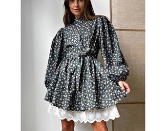 Loose Print Dress Ladies Autumn Stand Collar Puff Sleeve Office Mini Dress Elegant Patchwork Dresses For Women