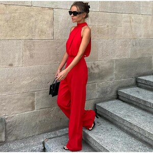 Elegant Solid Women's High Waist Wide Leg Jumpsuit Chic Hanging Neck Sleeveless Slim Set Summer Lady Holiday Fashion Outfit image 2