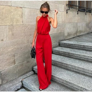 Eleganter, einfarbiger Jumpsuit für Damen mit hoher Taille und weitem Bein, schicker, hängender Hals, ärmellos, schmales Set, Sommer-Ferienmode-Outfit für Damen Bild 1