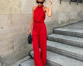 Elegant Solid Women's High Waist Wide Leg Jumpsuit Chic Hanging Neck Sleeveless Slim Set  Summer Lady Holiday Fashion Outfit