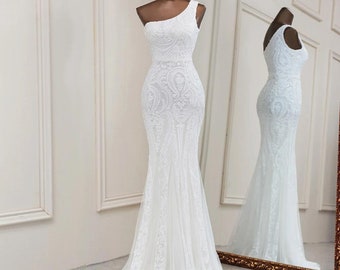 Sexy white sequins mermaid evening dresses one shoulder dresses for women party