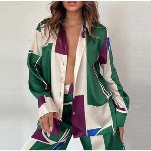 Fashion Printed Long Sleeve Shirt 2 Piece Set Women Loose Turndown Collar Tops Suits Female Casual Straight Pants Outfis image 6