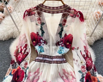 Fashion Runway Gorgeous Flower Chiffon Cascading Ruffles Dress Women Deep V Neck Long Sleeve Floral Print