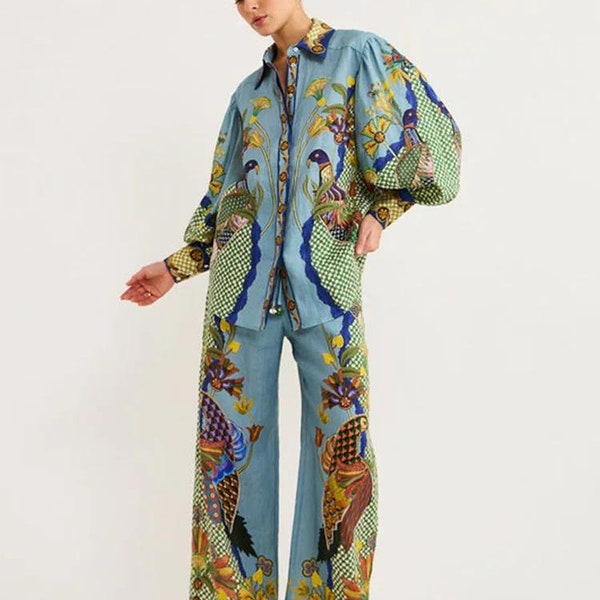 Women's Print Loose Pants Set | Vintage Print Pants Suit | Wide Leg Trouser Set | Bohemian Pants and Top | Trouser Shirt Set