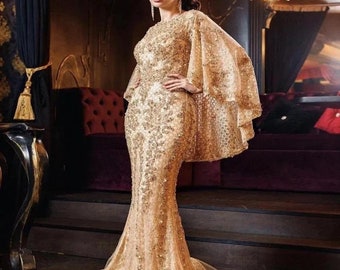 Luxury Dubai Gold Mermaid Evening Dresses with Cape Shawl Arabic Formal Prom Dress for Women Wedding Party