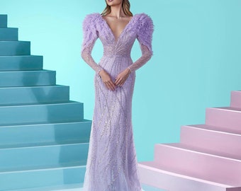 Luxury Dubai Long Sleeves Mermaid Lilac Evening Dress for Women Wedding Elegant V-Neck Blue Formal Party Gowns