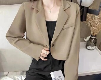 Korean Cropped Blazers Women Solid Color Simple Single-button Outwear Teens All-match Long Sleeve Office Suit Jacket