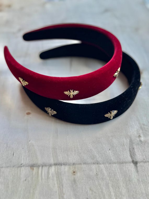 Vintage Velvet Wide Headband – Red, Black & Gold Bee Accents  display picture 1