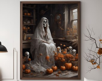 PRINTABLE ART - Vintage Country Ghost inside a Cottage Meadow With Pumpkins