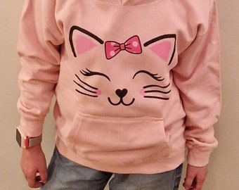 Cat Face Kids Hoodie, Unisex Kangaroo Pocket Clothes, Soft Cotton Floating Face Top, Animal Lover Children Gift Clothing, Coquette Fashion