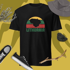 Camiseta unisex del mapa lituano, camiseta de manga corta de colores de la bandera, moda retro vintage sunset grunge, regalo de viaje turístico, Lietuva Marškinėliai