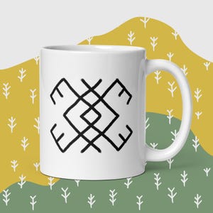 Lithuanian Ornaments Mug Virsmai, Baltic Pagan Symbols Transformations, Hand Drawn Ancient, Cultural Heritage, White Glossy Drinkware 11oz