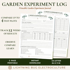 Könnte beinhalten: Ein druckbares Garten-Experimentierprotokoll auf zwei Seiten. Das Dokument enthält Abschnitte für Versuchsdetails, Testparzellen und beizubehaltende Bedingungen, verziert mit grünen Blattillustrationen und klarem schwarzem Text.