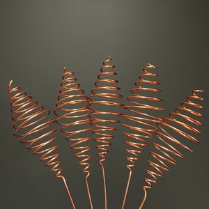 May include: Five copper wire spirals, each with a different number of coils, are arranged in a fan shape. The spirals are attached to a single stem at the bottom.
