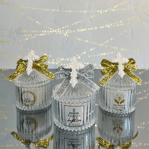 Gold and Silver Ribbon Baptism Candle in Glass, Personalized Cross on Glass Candle Baptism Favors for Guests, First Communion Favor