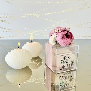 Personalisierte Muschelkerze Hochzeit Gefälligkeiten in Mini Box, Muschelkerze Hochzeit Gastgeschenke für Gäste, einzigartige Hochzeitsgeschenke