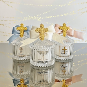 Baptism Gold Cross on Glass Candle Favors, First Holy Communion Favors for Guest, Baptismal Keepsakes Gifts, Baptism Candle Bulk Favor