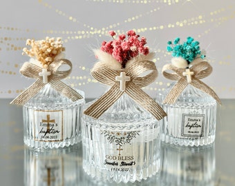 Personalized Baptism Candle Favors: White Cross, Dried Flowers