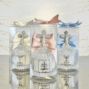 Personalized Silver Cross on Glass Candle Baptism Favors, First Communion Candle Favors for Guests, Catholic and Orthodox Baptism Favor