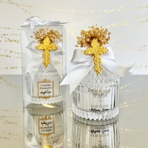 Cruz de ouro personalizada em lembrancinhas de batismo de vela de vidro, lembrancinhas de primeira comunhão para convidados, vela elegante em vidro, lembrancinha de batizado