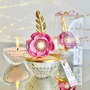 Luxury Wedding Candle Favors with Pink Flower, Custom Wedding Party Favor, Bridal Shower Bulk Favor, Engagement Thank You Favors