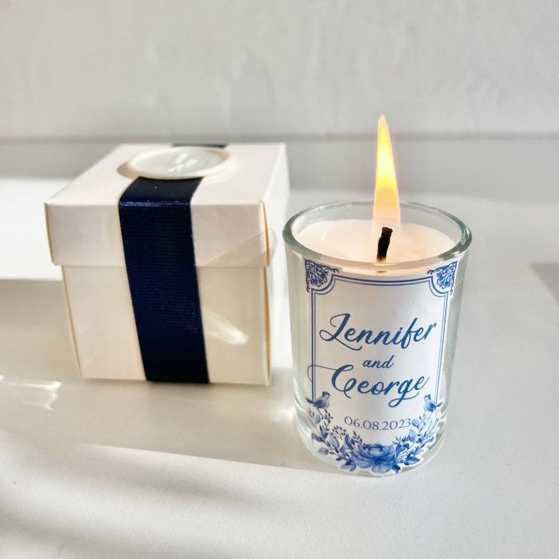 Elegant Personalized Shot Glass Candle Favors with Box, Luxury Wedding Party Thank You Bulk Favors for Guests, Wedding Souvenirs Party Gift Navy Blue