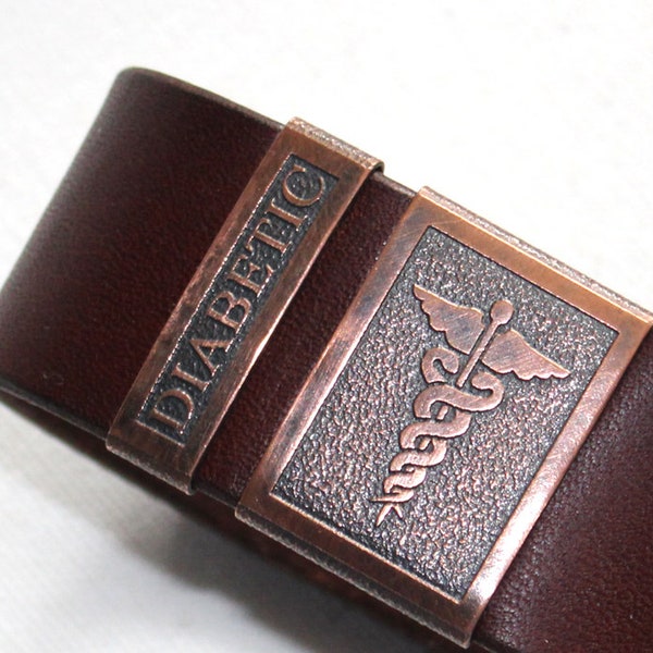 Diabetic bracelet, medical bracelet - mens leather cuff, diabetic alert. Size info in item description