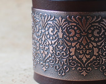 Beautiful leather and etched copper - women cuff bracelet