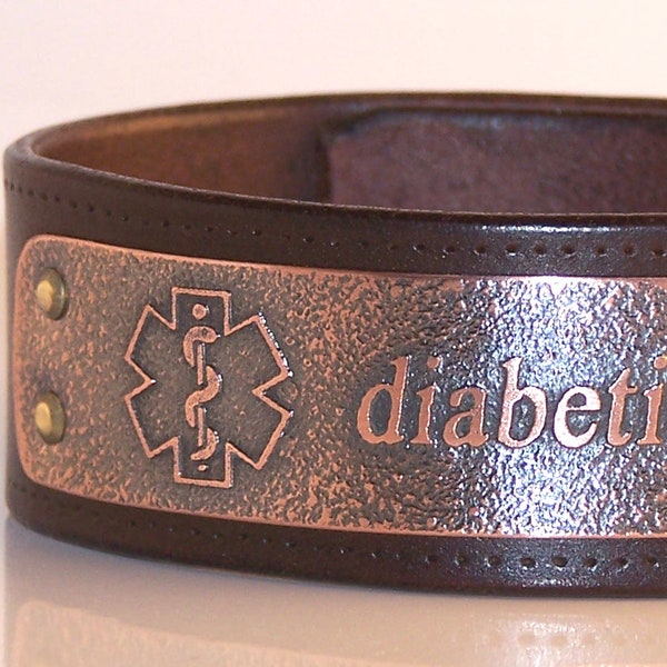 Diabetic bracelet, medical alert bracelet - unisex leather cuff, diabetic alert, custom medical bracelet. Size info in item description