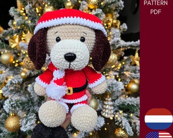 クリスマス ドギー - 英語 オランダ語 - かぎ針編みパターン PDF ダウンロード - 子犬のぬいぐるみ、冬用サンタ服、編みぐるみ、お祝い、ホリデーデコレーション