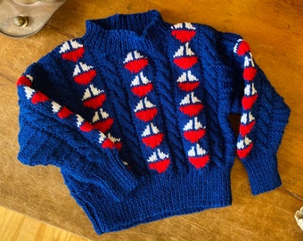 Vintage Hand Knitted Toddler Sail Boat Sweater, Blue and Red Ship Design 18-24 Month Size