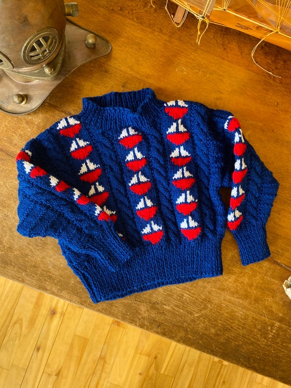 Vintage Hand Knitted Toddler Sail Boat Sweater, Bl