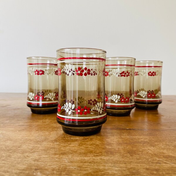 Vintage Libbey Set of Four Smokey Glass Red Floral Print Juice Glasses, 1970s, Retro Kitchen Glass