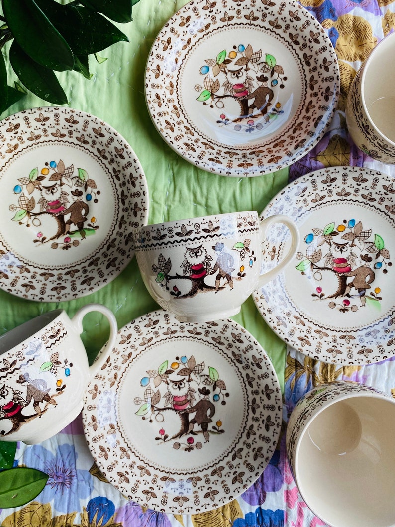 Vintage Sugar and Spice Tea Cup and Saucer Set of 4, English Stoneware