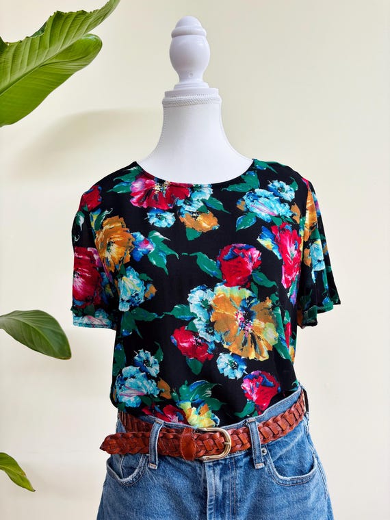 Vintage 90s Black Sheer Floral Shirt, Carol Little Petites, Size 