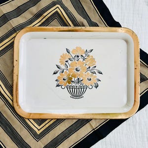 Vintage Floral Serving Tray, White and Rose Gold Colored Metal Tray