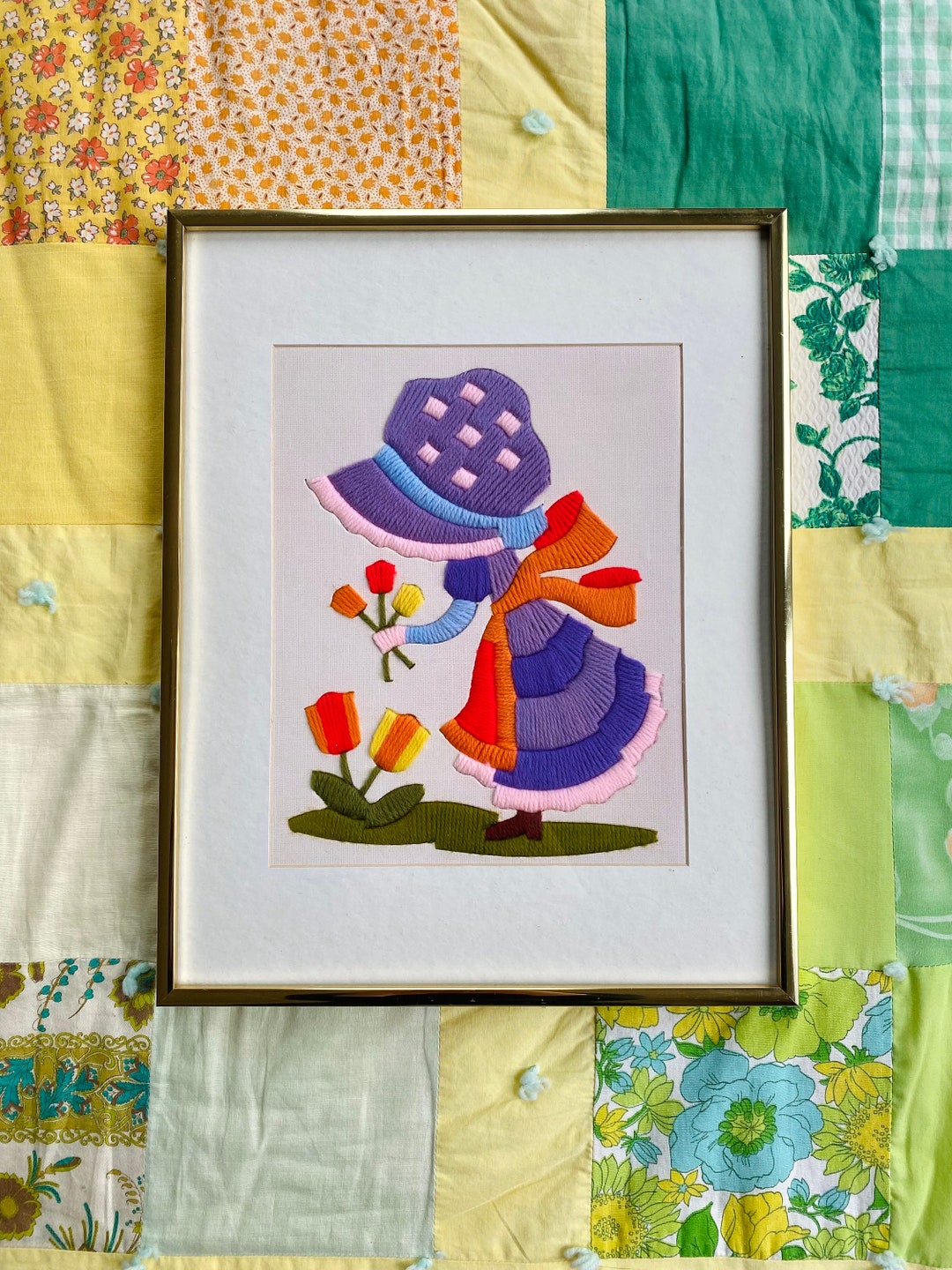Broderie Crewel Vintage - Tulipes Fleuries - Années 70 - 19 X 25 Cm