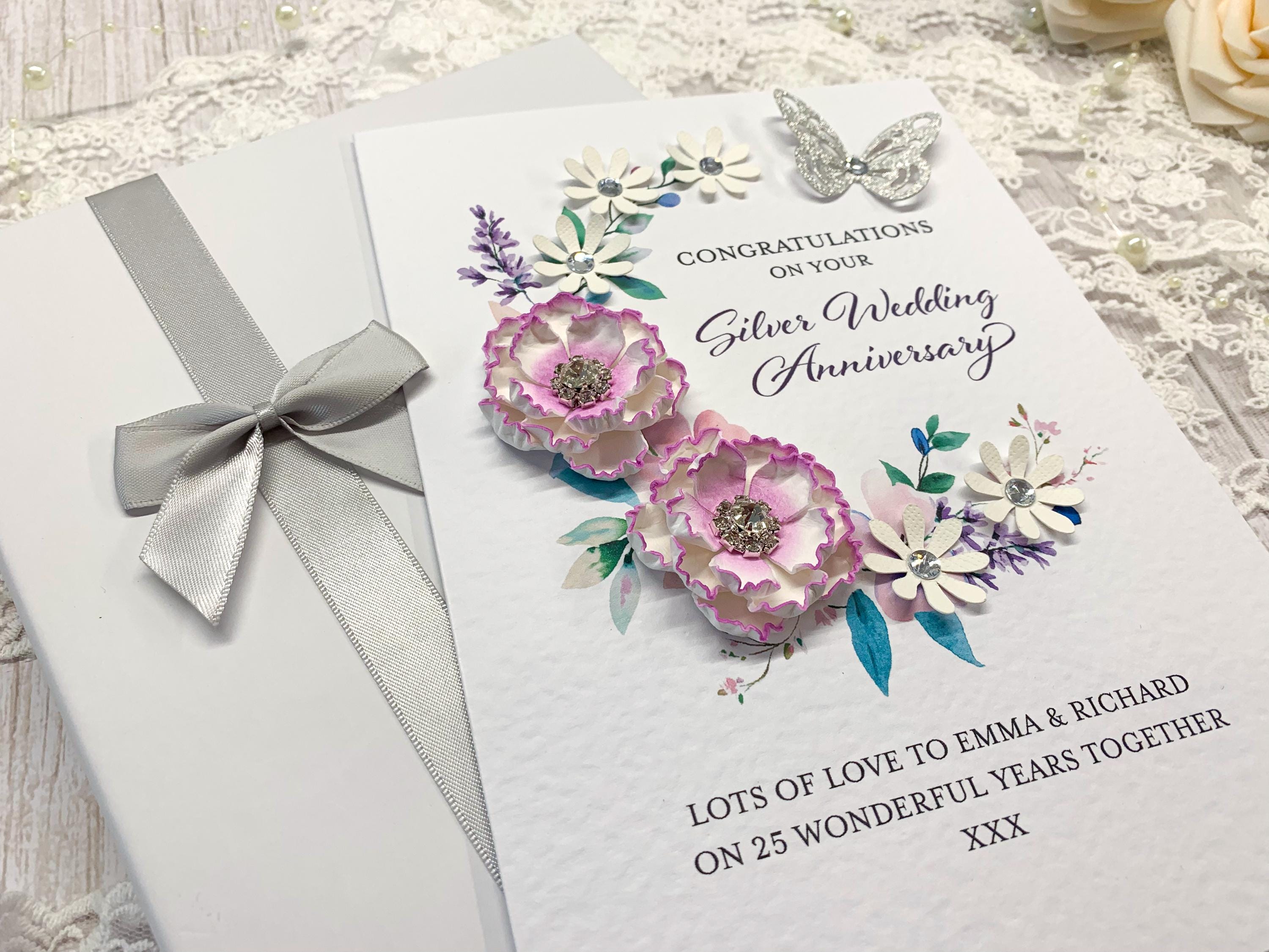 25th Silver Wedding Anniversary Card, Handmade Personalised Luxury ...